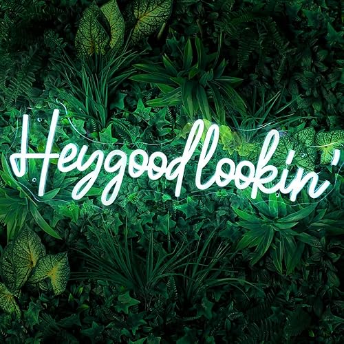 Letrero de neón con texto en inglés "Hey Good Lookin" para decoración de pared, letras grandes de color blanco cálido con regulador de intensidad