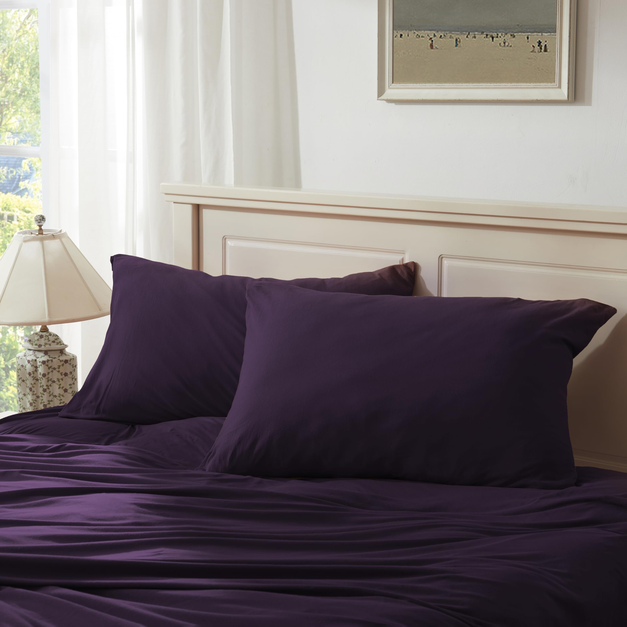 Photo 1 of ***STOCK PHOTO FOR REFERENCE ONLY***H HOUSEHOLD 100% Jersey Knit Cotton Queen Size Pillowcases Set of 2, Super Soft Breathable Pillow Cases for Sleeping, Envelope Closure, Stretchy T-Shirt Fabric (Dark Purple, Queen Size Pillowcase)