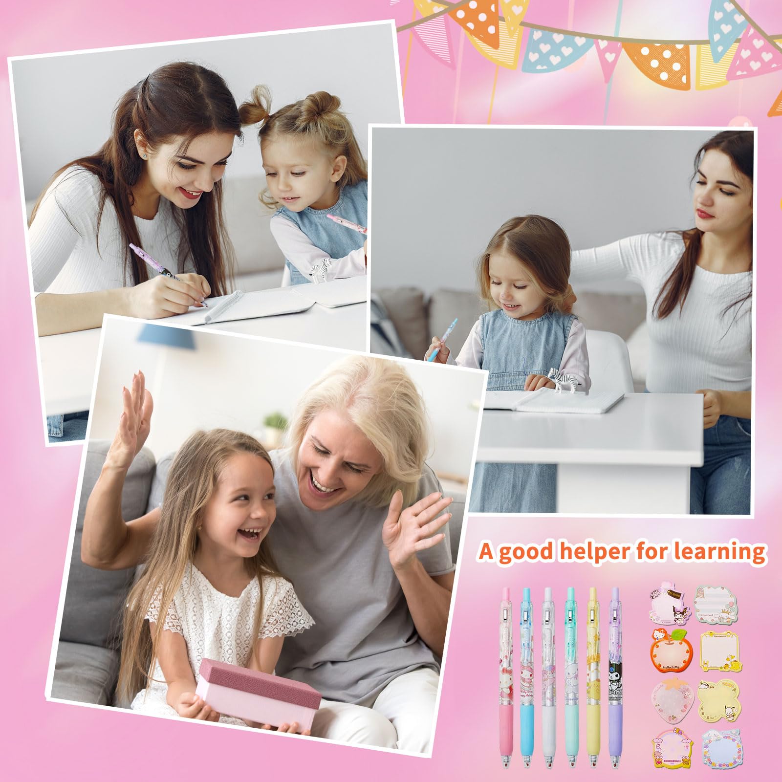 Cute Office Supplies - Including 6 Pcs Cartoon Gel Pens & 8 Pack Small Sticky Notes - Anime Cartoon Gifts Set for Girls: 1set