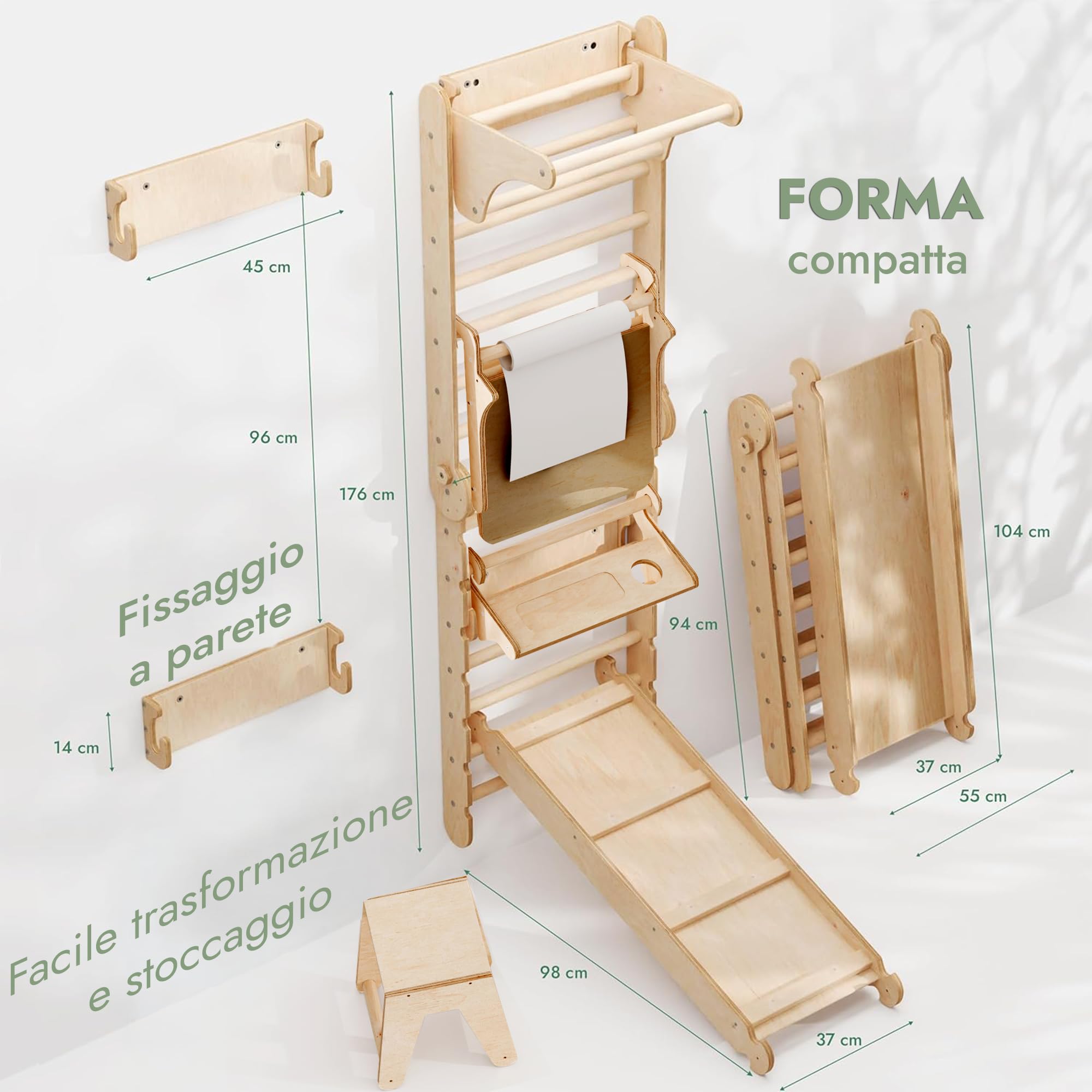Goodevas Set da Parete Svedese 6 in 1 e Scivolo per Bambini, Versatile, Scala da Arrampicata, Altalena e tavola Scorrevole, Attrezzatura da Gioco Ideale per Interni, per Bambini da 2 a 12 Anni