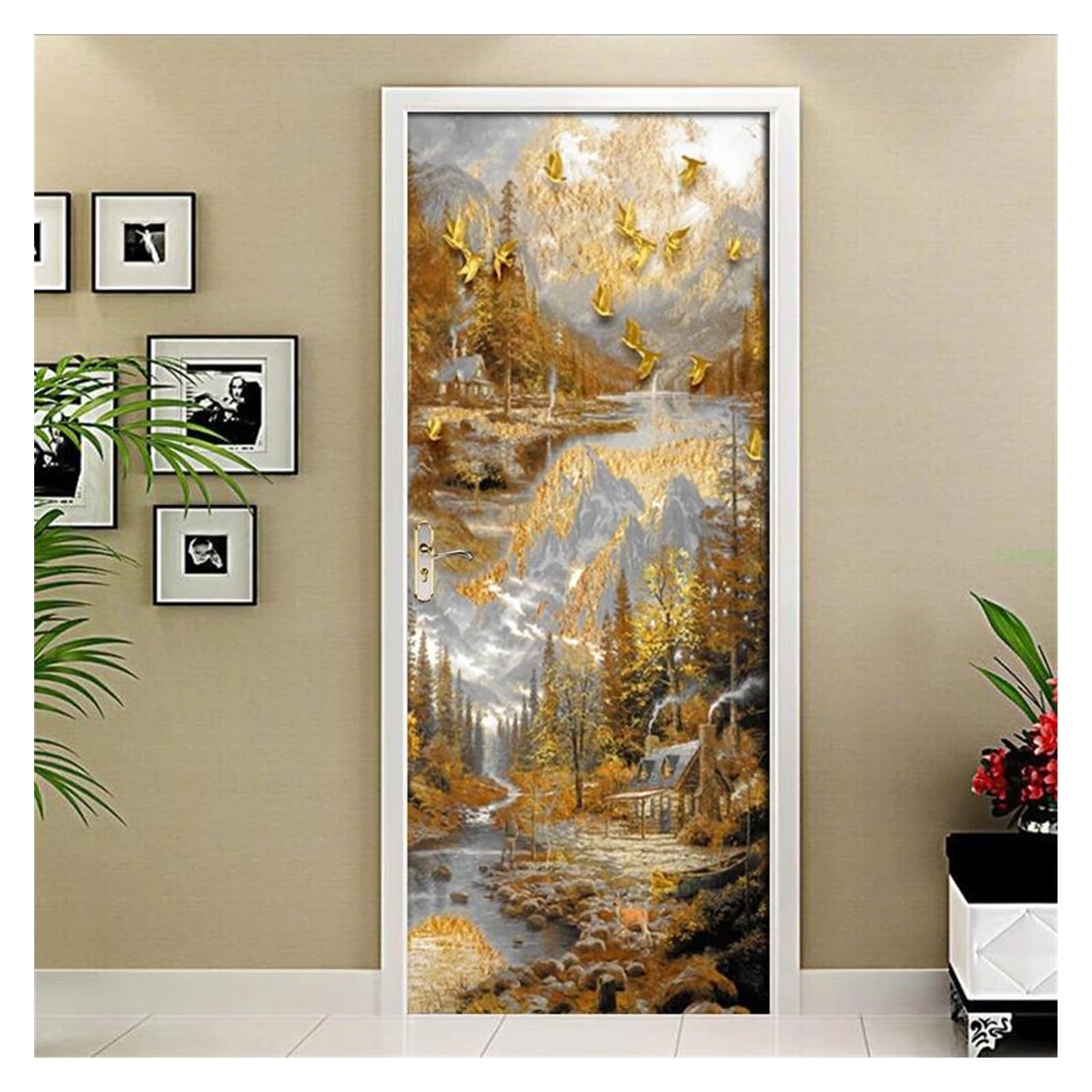 Papier peint de porte salon moderne sticker nordique paysage ville dorée