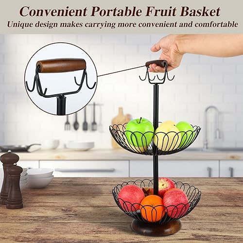 Miniatura 3 de Paquete de 2 fruteros de 2 niveles con colgador de plátano y mango de madera, cesta de verduras de alambre de metal para encimera de cocina