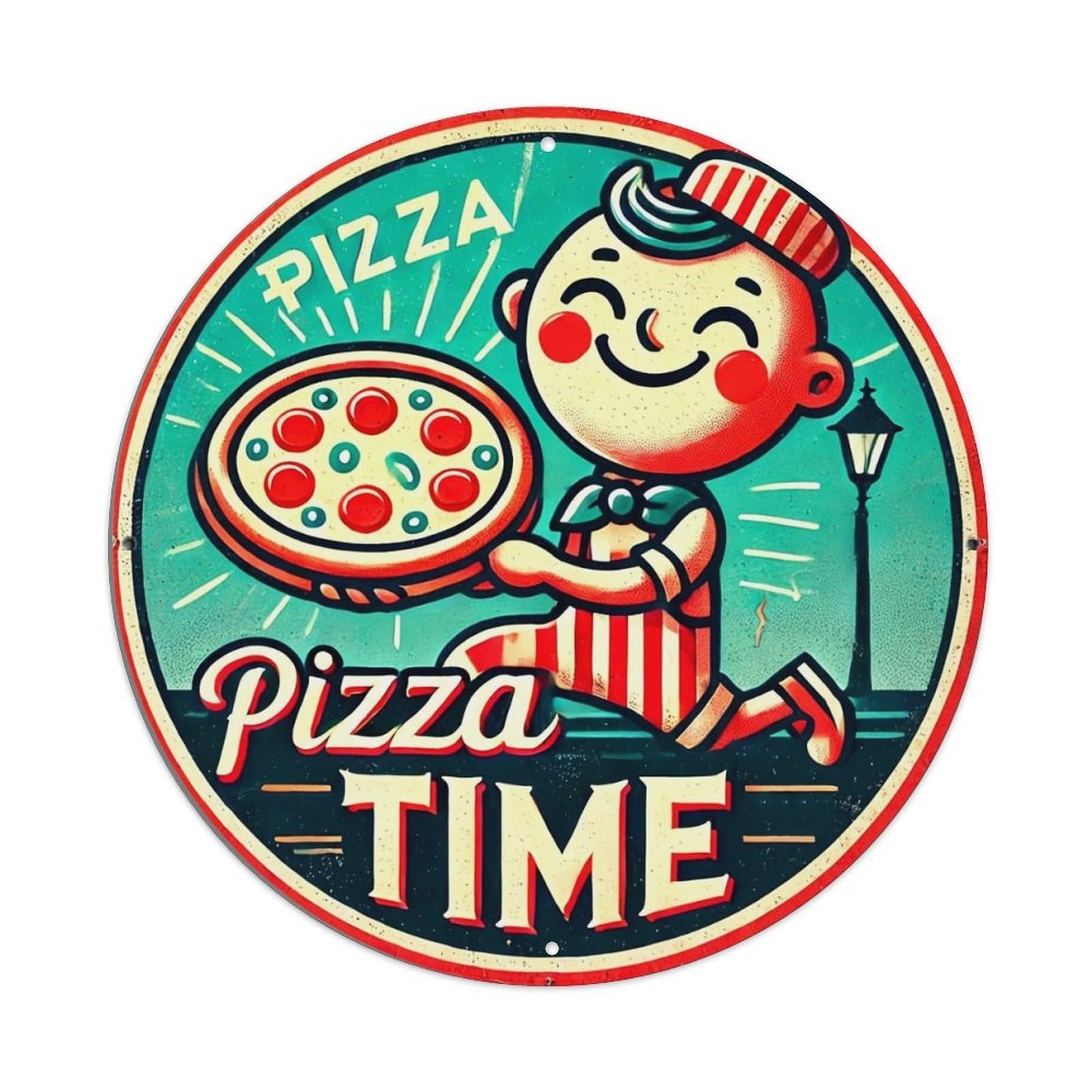 Pizza Time Character Retro Sign Retro Metal Sign Round Tin Sign, Vintage Decor Art Poster for Bar, Home, Man Cave, Kitchen, Laundry Room Gift 8x8Inch