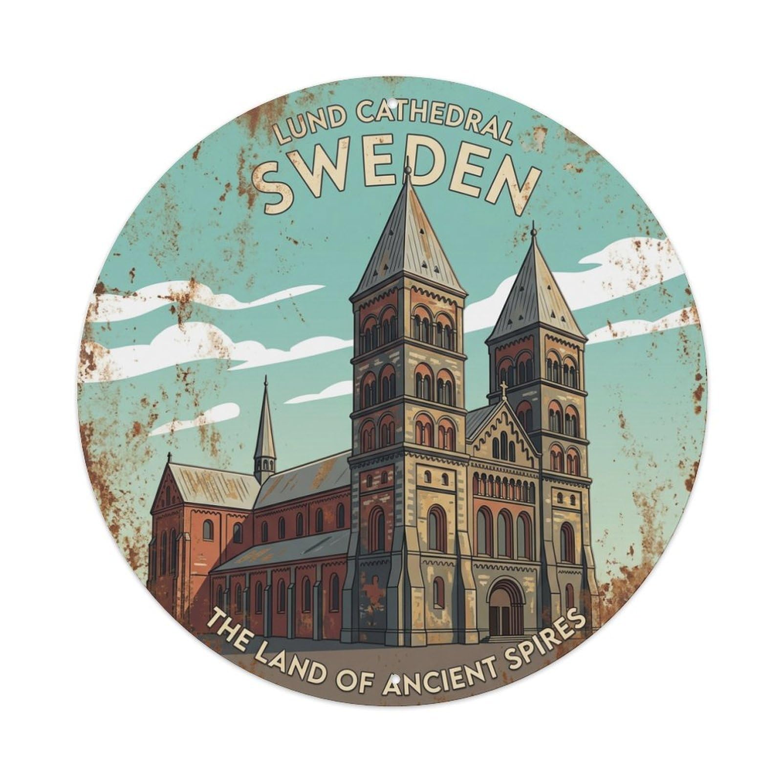 Vintage Travel Lund Sweden Cathedral Metal Tin Sign