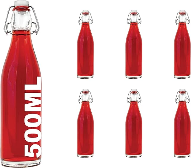 slkfactory 500ml Glass Bottles with Swing Top Lids 6 Pcs Reusable Flip Top Airtight Preserve Bottles for Home Brewing Kombucha Oil Vinegar Beer Water Soda Wine - Buegel (6 x 500 ml)