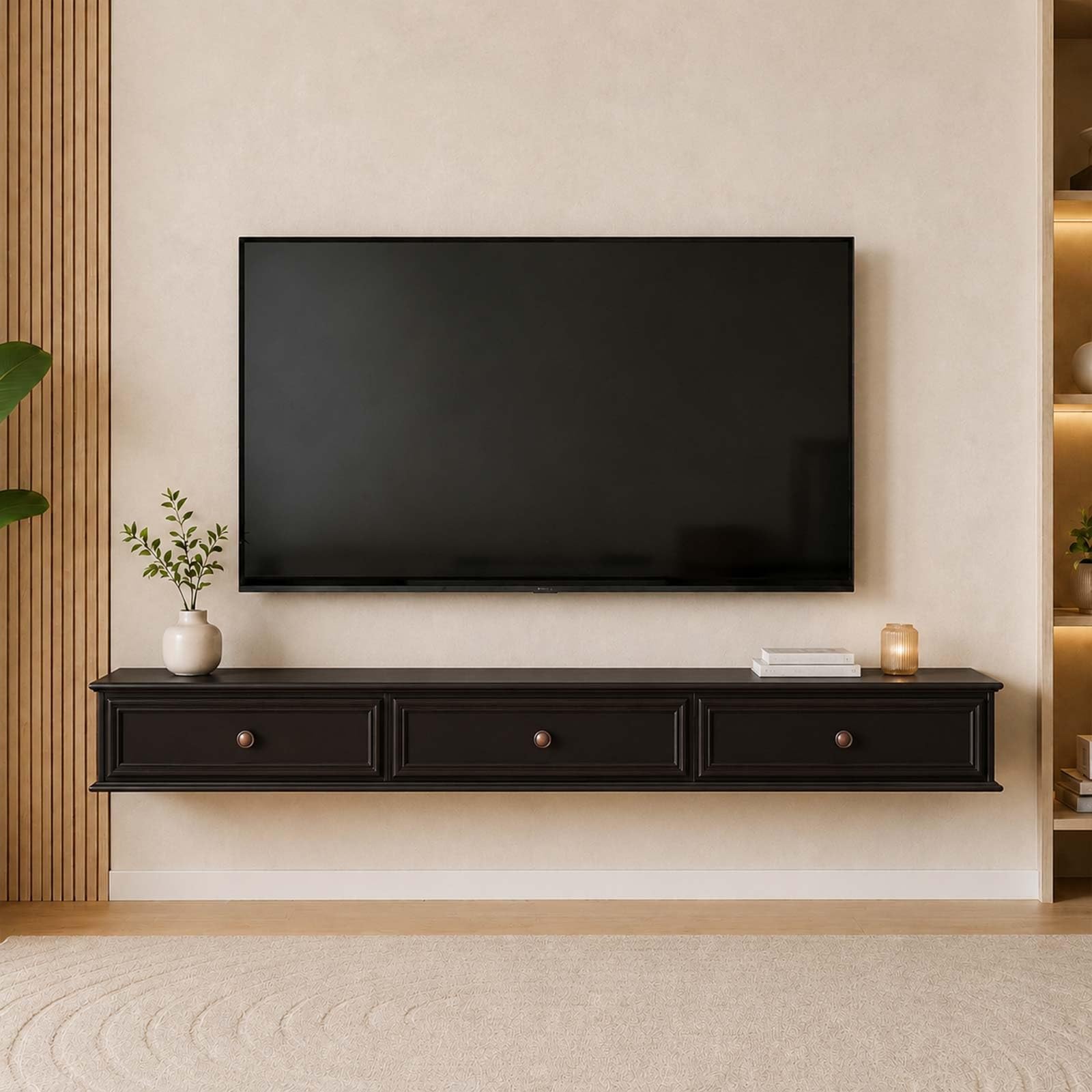 Mobile TV Sospeso Mobile TV A Parete Moderno, Console Multimediale Sospesa Con Cassetti, Passacavi, Mobile Pensile Salvaspazio Per Soggiorno, Camera, Studio, Casa E Ufficio(Black,180cm/70.9IN)