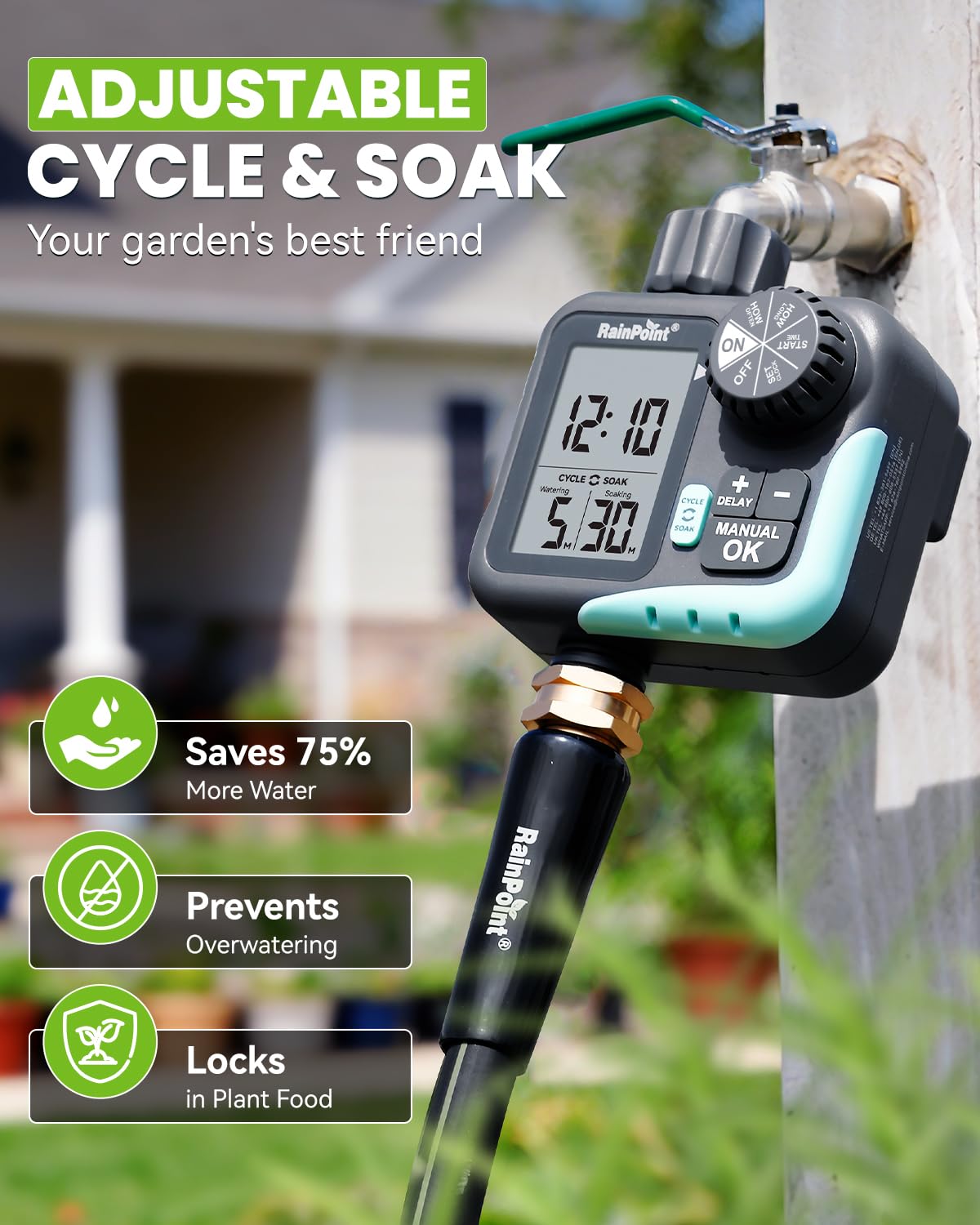 RAINPOINT Minuteur d'arrosage – Minuteur de cycle et de trempage pour tuyau d'arrosage avec arrosage automatique/arrosage manuel/retard de pluie, programmable pour système d'irrigation, pelouse, cour
