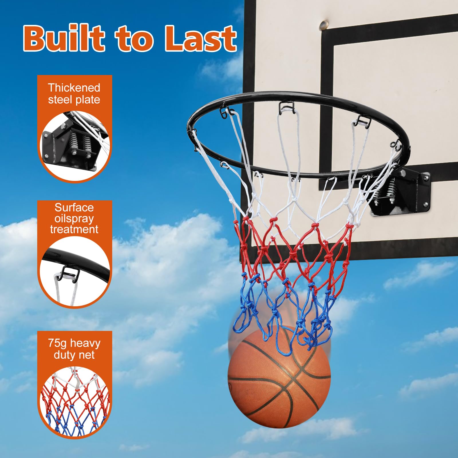 Anello da basket da 45 cm, stabile con doppia molla e rete per montaggio a pavimento e a parete, in acciaio, per interni ed esterni, nero