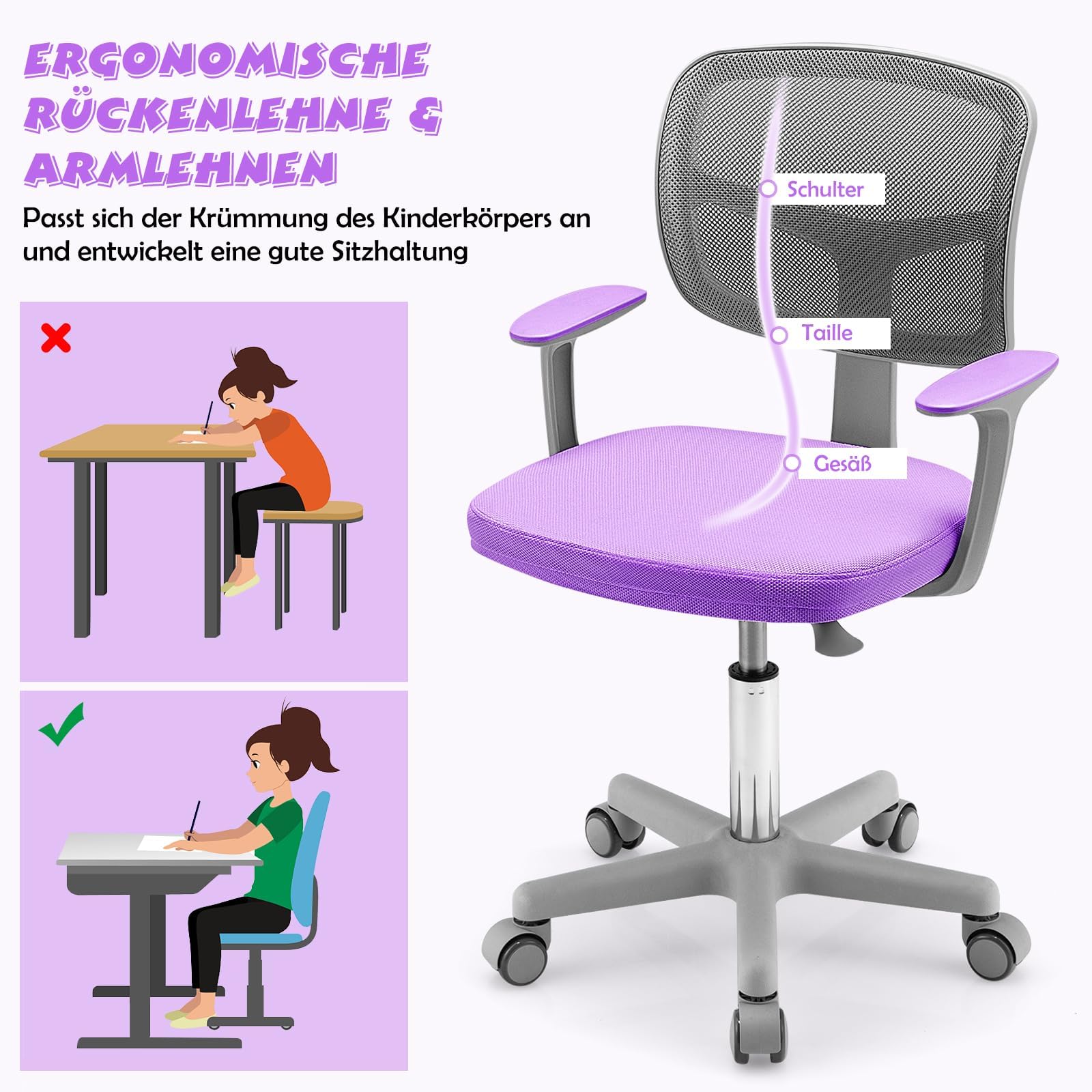 FANTASK Sedia da scrivania per bambini, 80-91,5 cm, regolabile con schienale e braccioli, sedia da scrivania per bambini girevole
