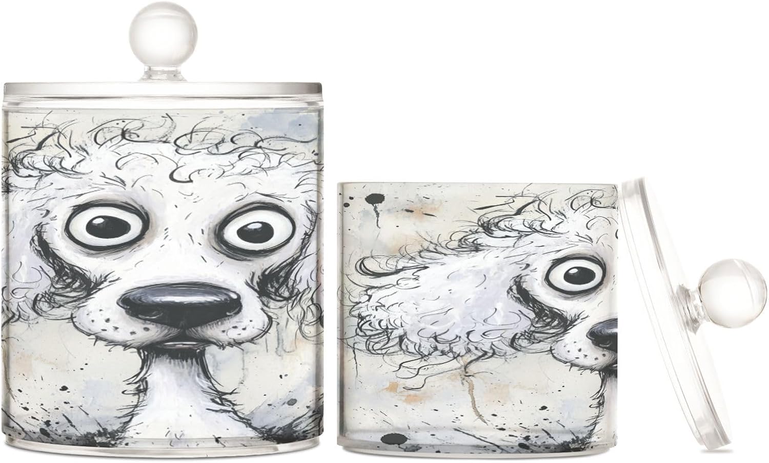 Cartoon Cute White Funky Poodle Clear Plastic Makeup Organizer Storage with lid Dresser Essentials Decorative storage bin for Cotton Swabs,Cotton Pads,Floss Picks,Paper Clips,Hair Clips 2 Pack