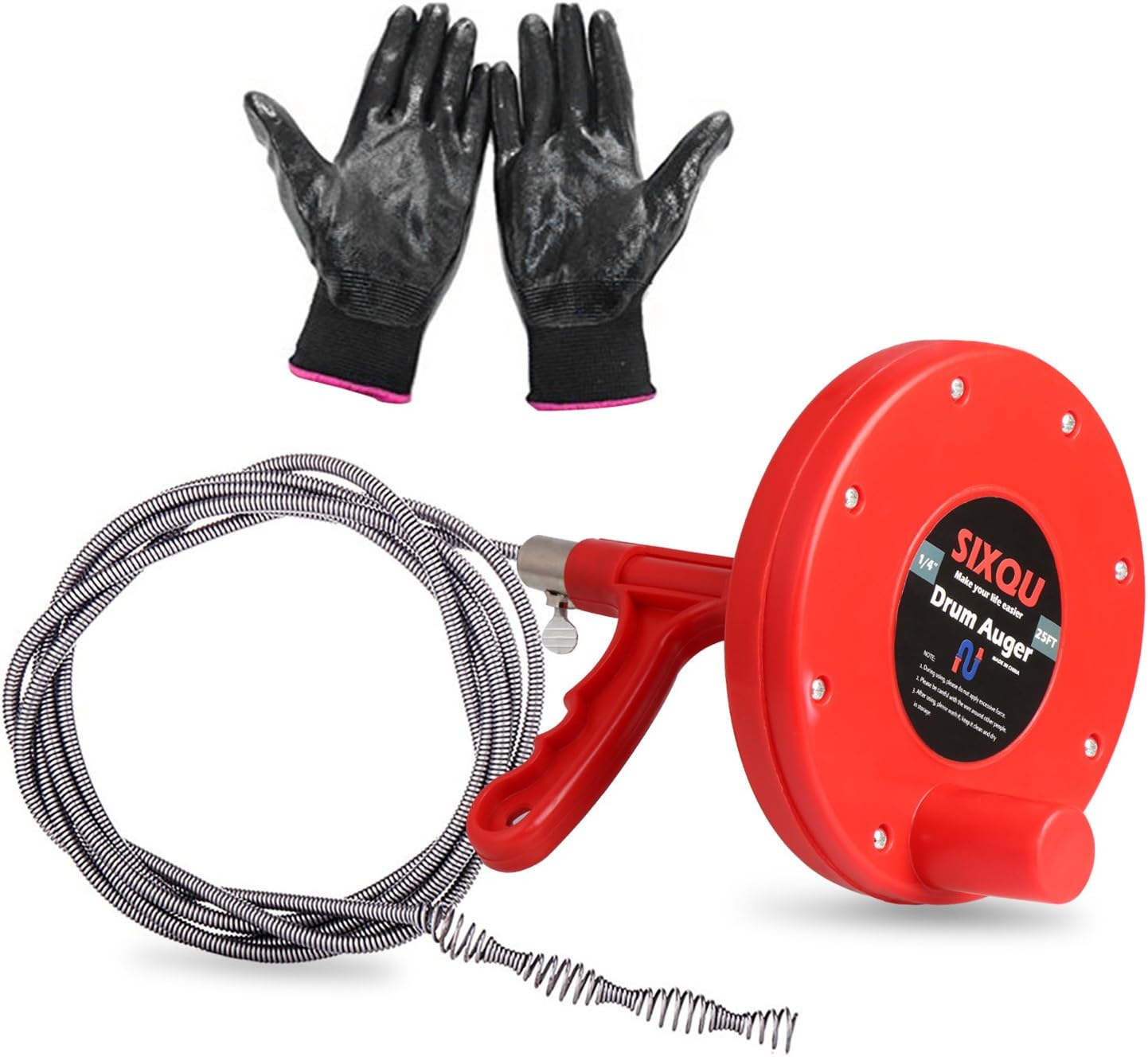 Drain Auger, SIX-QU Plumbing Snake Pipe Cleaner Household Auger with 1/4-Inch by 25-Feet Cable, Anti-skid Gloves Included