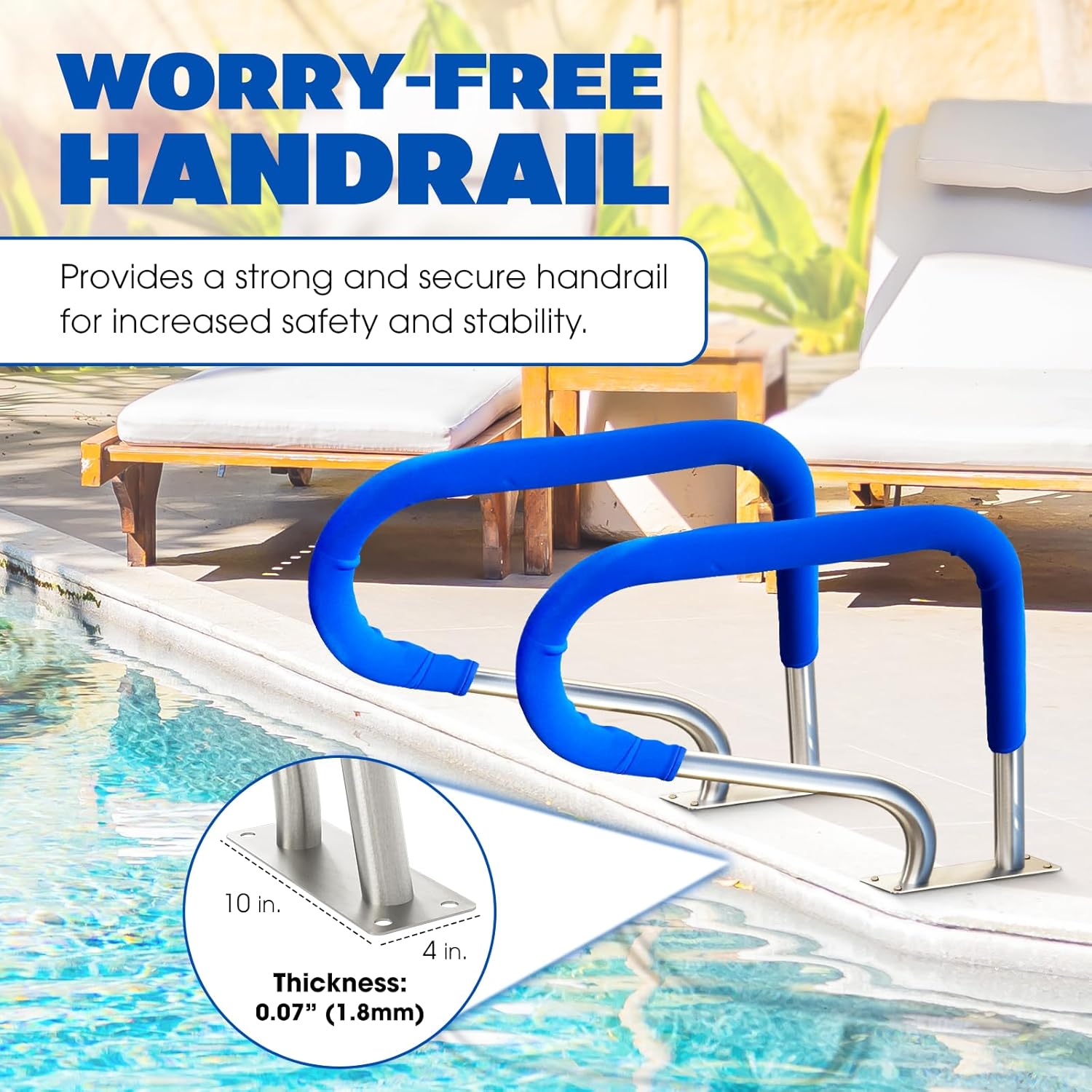 Idzo Pool Rail 30x22 Inch Pool Railing 304 Stainless Steel 250LBS Load Capacity Silver Rustproof Pool Handrail Humanized Swimming Pool Handrail with Blue Grip Cover & M8 Drill Bit & Self-Taping Screws