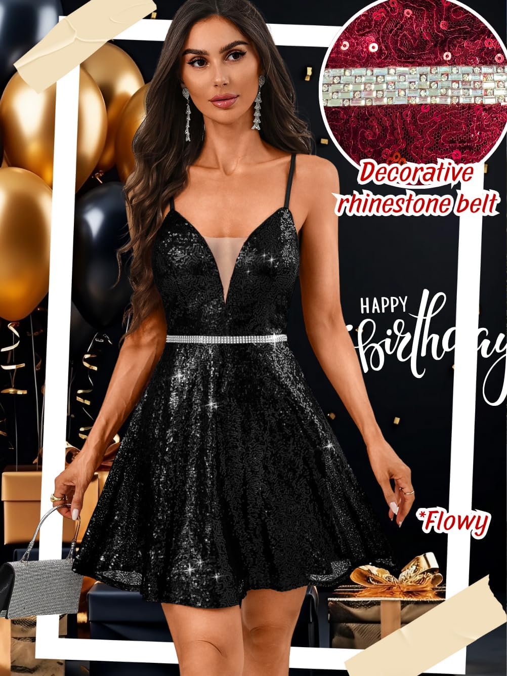 Kaei&Shi Sequin Mini Dress,Deep V Backless Sexy Dresses for Women,Sparkly New Years Cocktail Party Vegas Outfits - Image 2