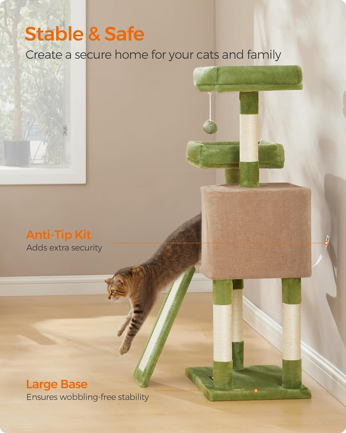 Feandrea Cat Tree, 45.3-Inch Cat Tower, Plush Condo with Scratching Post, Ramp, Perch, Spacious Cave, for Small Space, Grass Green and Camel Brown UPCT141CB03