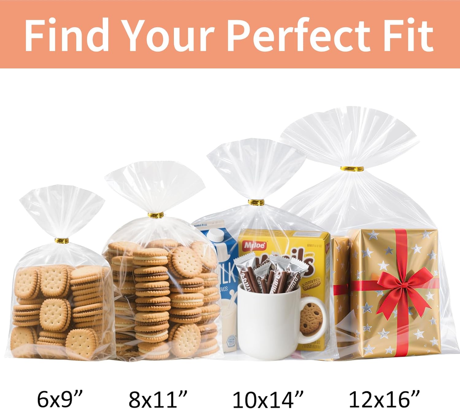 RICEDUO 50-Pack 8"x11" Clear Bottom Gusset Cellophane Gift Bags with 4.7" Gold Twist Ties - Elegant Cello Packaging for Party Favor Packaging, Gift Mug Toy Wrapping, Food Storage (No Side Gusset) - Image 3