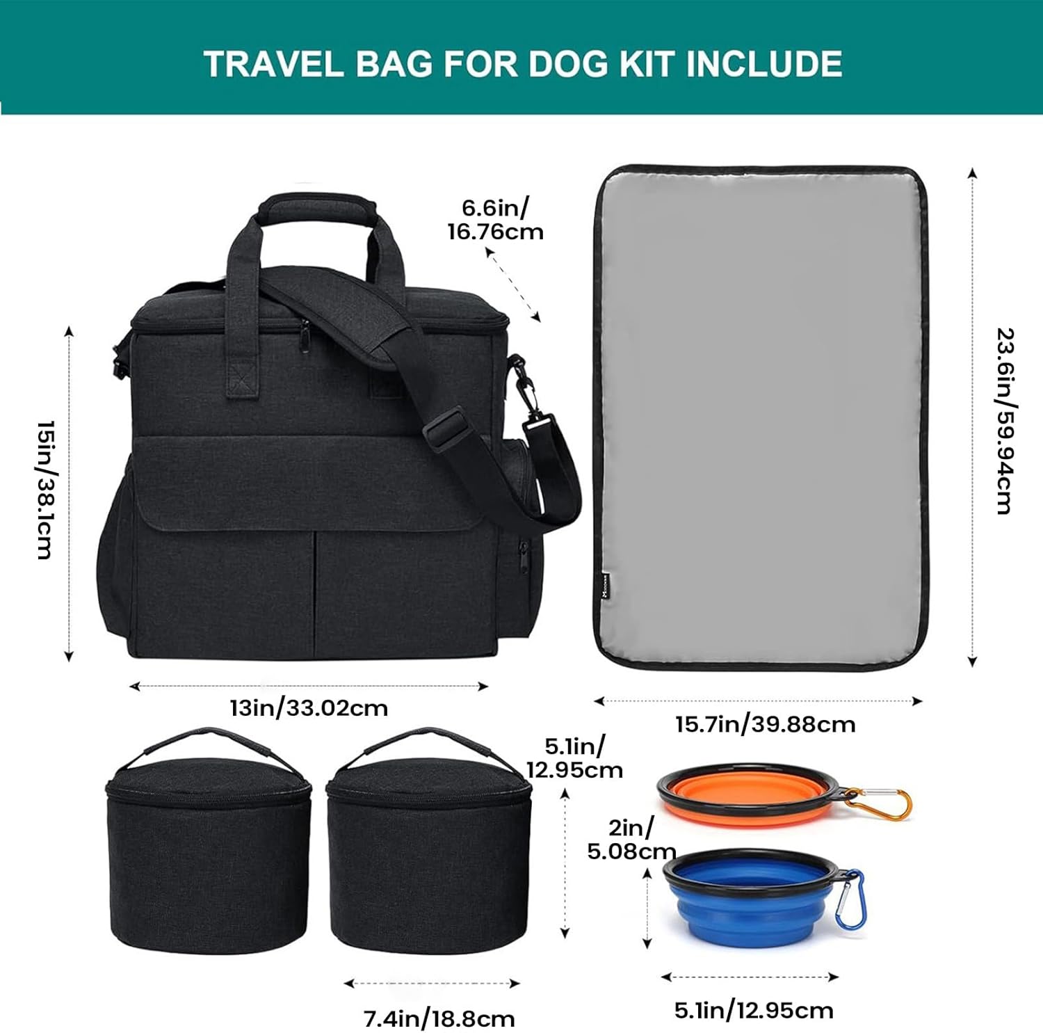 犬用旅行バッグ 用品収納用,2つの折りたたみボウル付きキャリー - 外出用犬用キャリーバッグ,カーシート、バイク、ストローラー、キャ