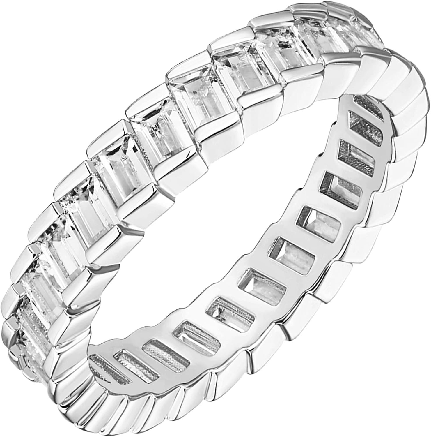 PAVOI 14K Gold Plated Cubic Zirconia Baguette Cut Eternity Bands for Women