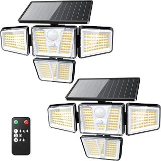 Solar Flood Lights, 3600LM 270° Motion Sensor Outdoor Lights-Remote | 4 Heads 3 Modes Solar Lights Outdoor, Glass Panel, IP65 Waterproof Outdoor Security Lights for Yard Patio Garage- 2Pack Black