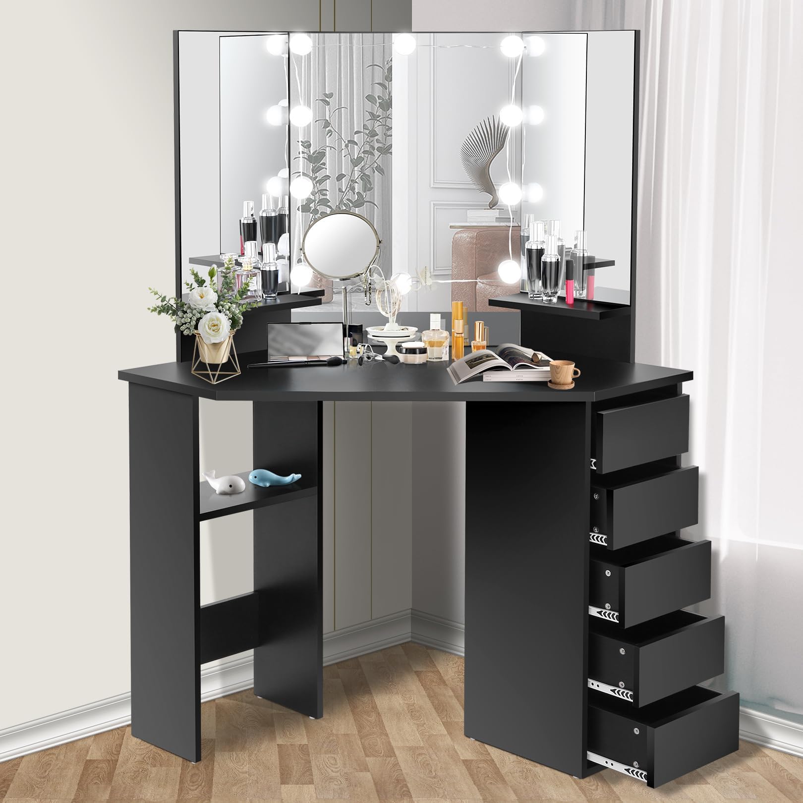 Vanity Desk with Mirror and Lights, Makeup Corner Vanity with 5 Storage Drawers Shelves and 3 Dimmable Lighting Options and Vanity