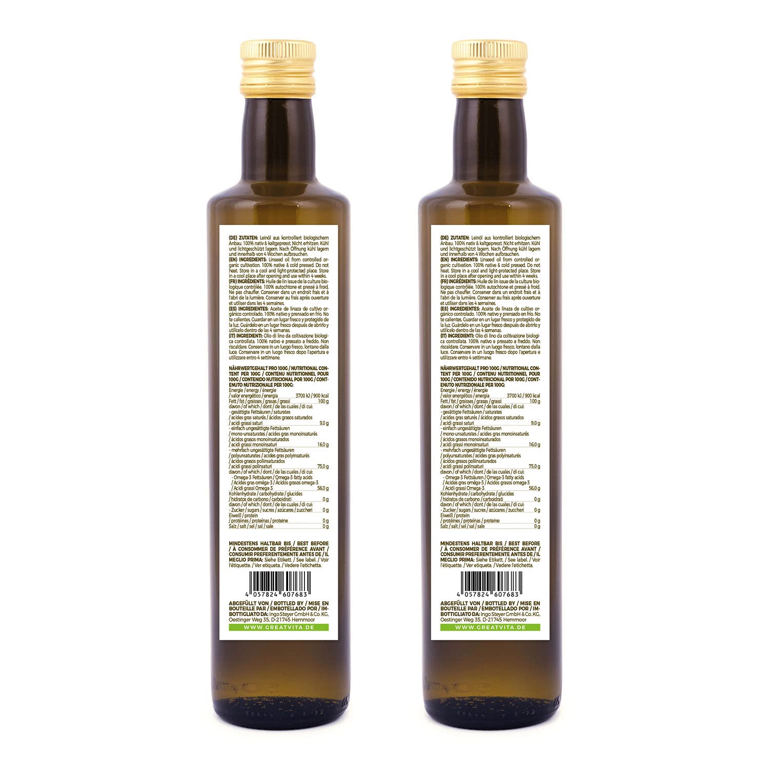 Aceite de linaza orgánico MeaVita, 100% puro y prensado en frío, paquete de 2 (2x 500ml) en botella de vidrio