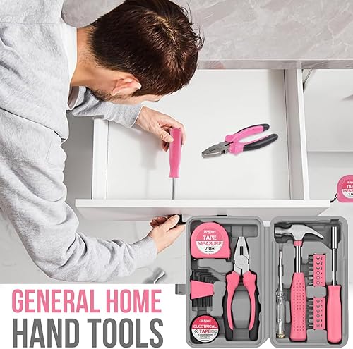 Miniatura 3 de Kit de herramientas de bricolaje para el hogar de 24 piezas, color rosa, para mujeres, juego de mini caja de herramientas compacta con herramientas