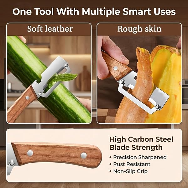 3-in-1 Multifunktionaler Gemüseschäler für die Küche,2Stück Zero Snag Holzschäler aus Edelstahl,Sparschäler mit Holzgriff & integriertem Flaschenöffner für Obst,Gemüse & Fleischscheiben - 3