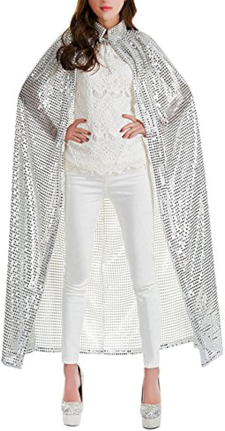 PURFUN Women Shiny Sequins Long Cloak Halloween Witch Costume Robe Christmas Cape