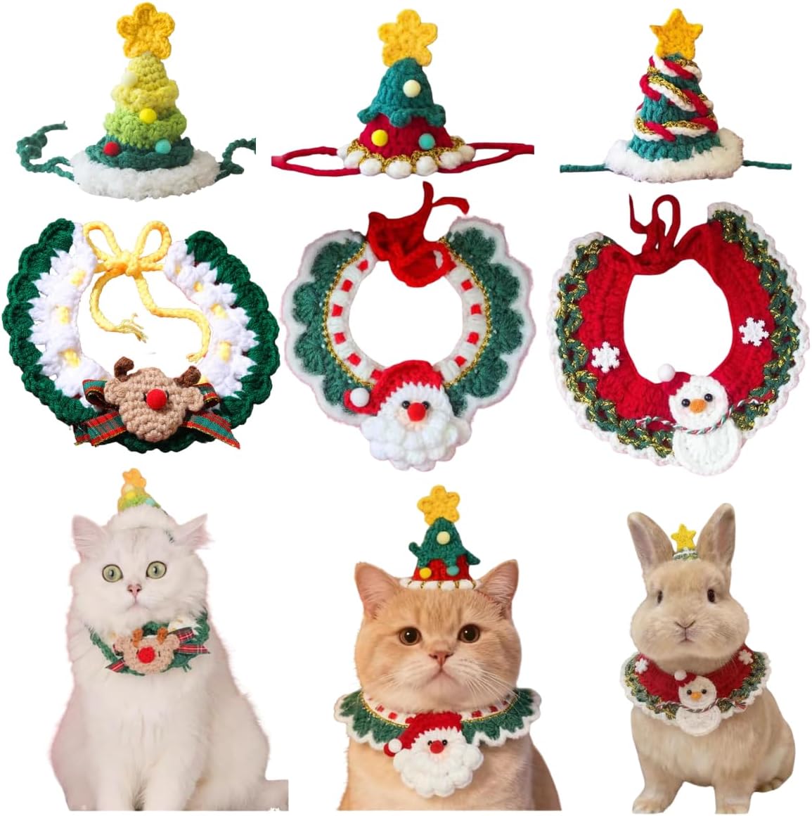 6PCS Christmas Rabbit Costume, Handmade Small Animal Holiday Outfit with Hat & Wreath Scarf Sets, Adjustable, Lightweight & Breathable, Pet Accessories for Bunny Xmas Party & Photos (Small)