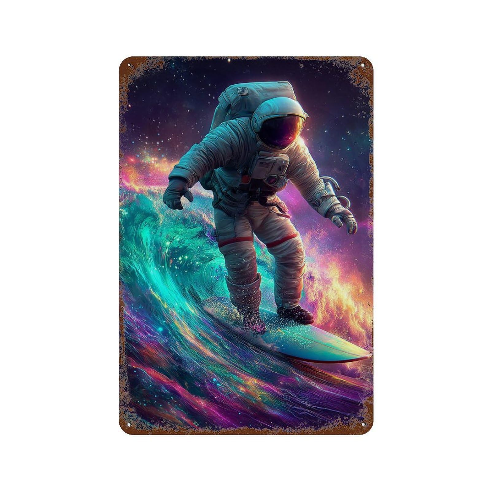 Garage Style Astronaut Surfing Galaxy Wave Decorative Tin Sign 11.8"x7.9", Industrial Home Decor for Bar And Workshop