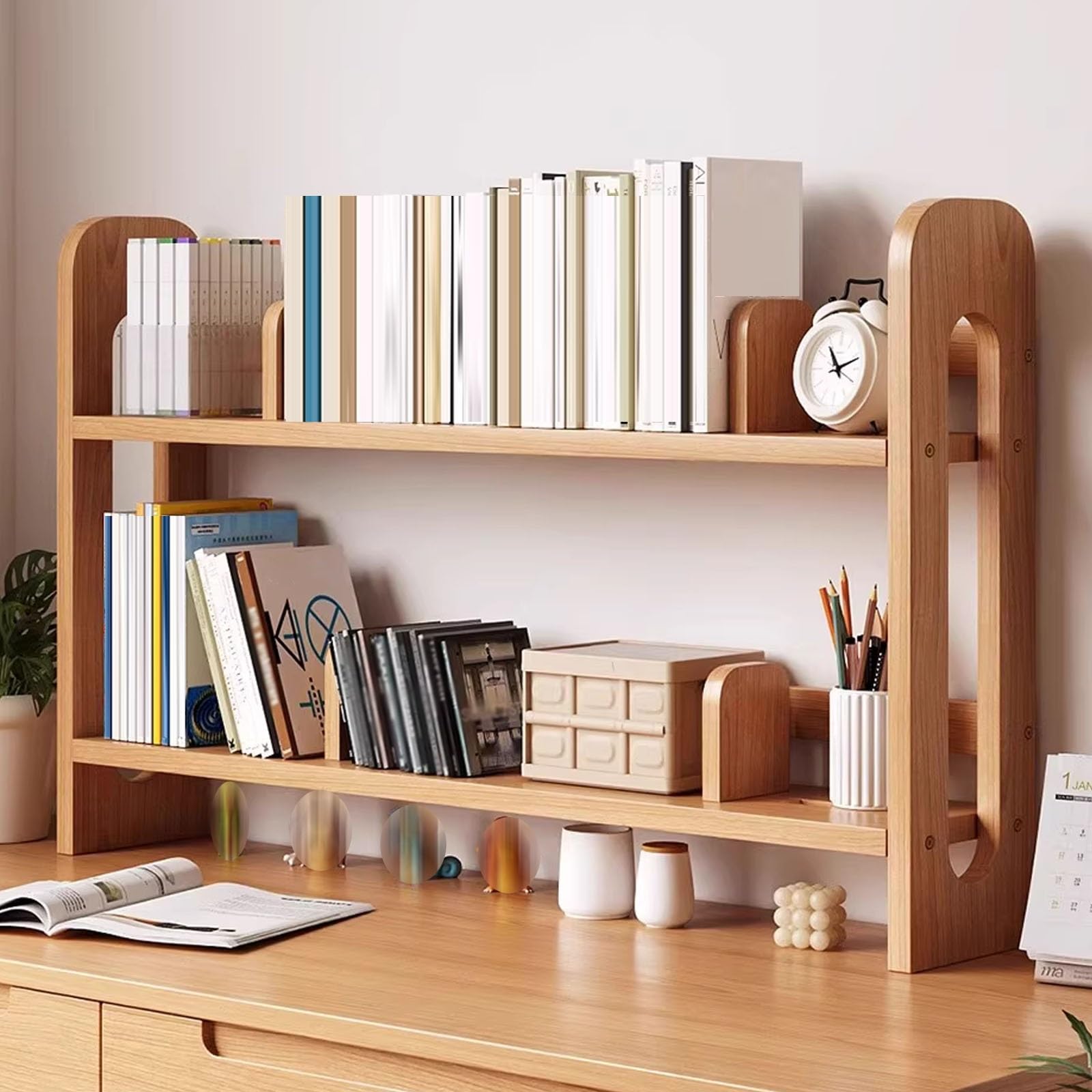 CWCQGH 2-Tier Wooden Desktop Bookshelf, Adjustable Desk Organizer for Home & Office, Stylish Dorm Shelf with Movable Bookends, Space-Saving Storage & Display Solution,Yellow-100cm/39.4in