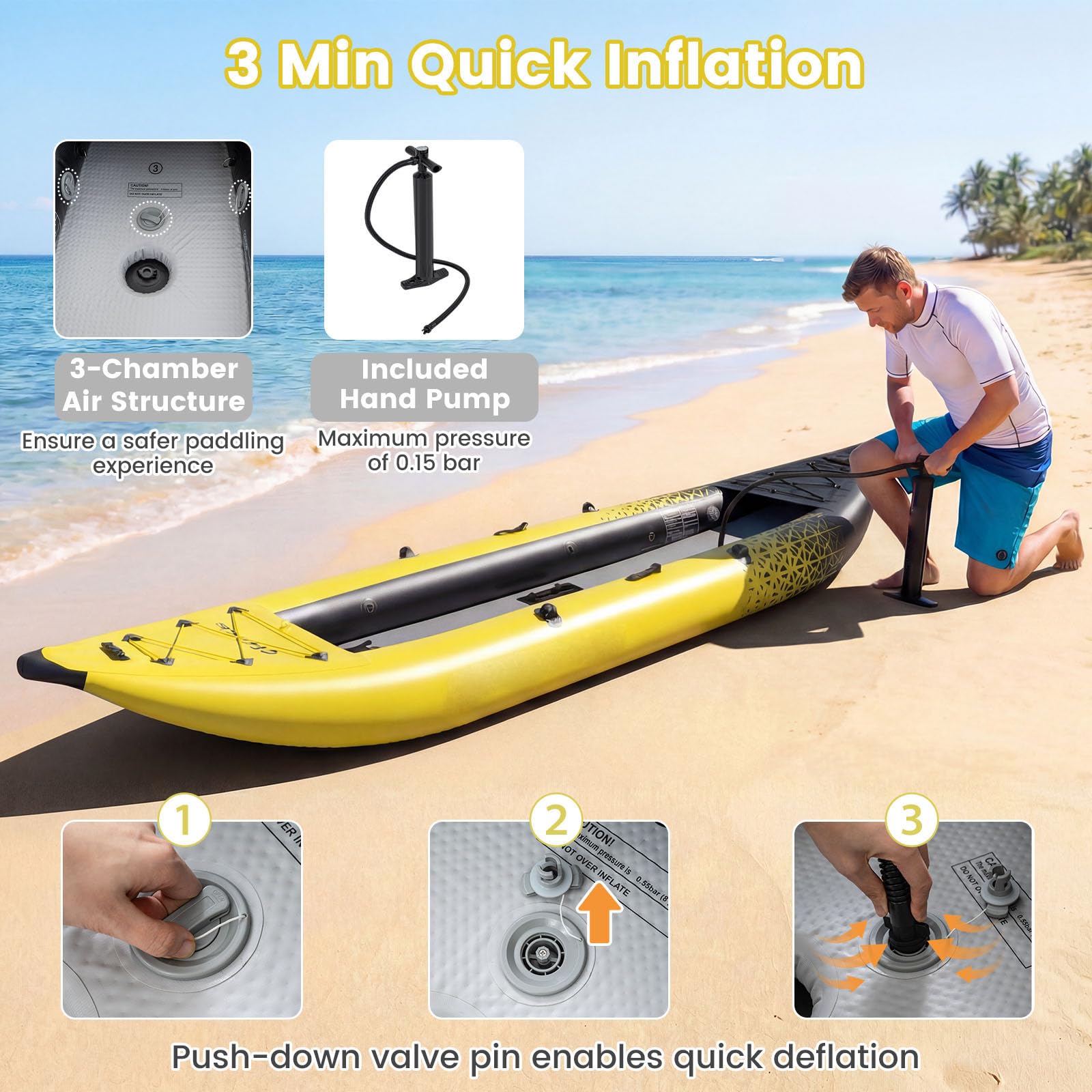 S AFSTAR Kayak inflable, canoa para 2 personas con capacidad de 230 kg, suelo de puntada caída, todos los accesorios y bolsa de transporte, kayak grande de 12 pies para pesca, camping y exploración