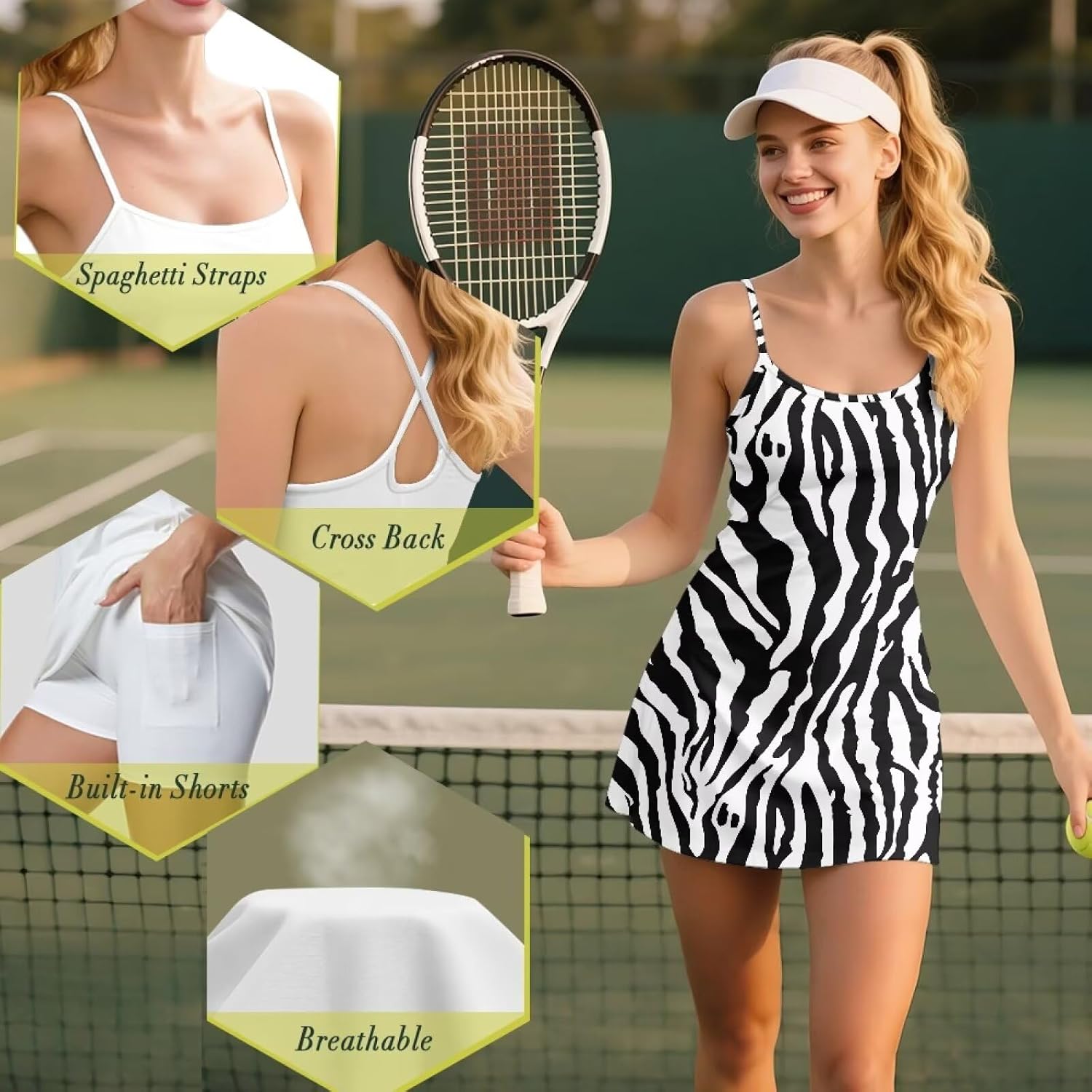 Womens Spaghetti Strap Tennis Dress with Shorts Underneath Scoop Neck Workout Active Golf Dresses