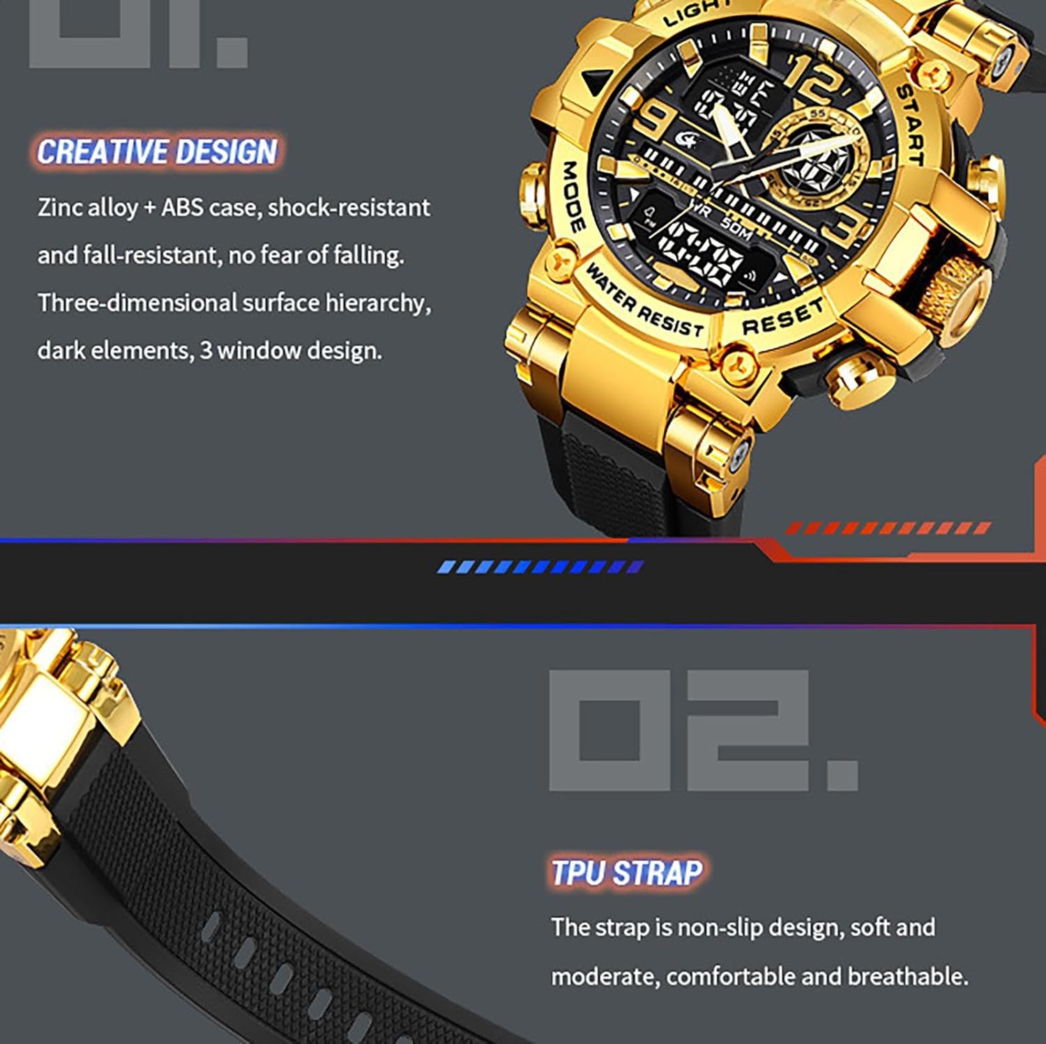 findtime Watches for Men Military Digital Watch Large Face Tactical Waterproof Watch Unique Colors Analog LED Backlight Sports Alarm Stopwatch Wristwatch for Mens Watches