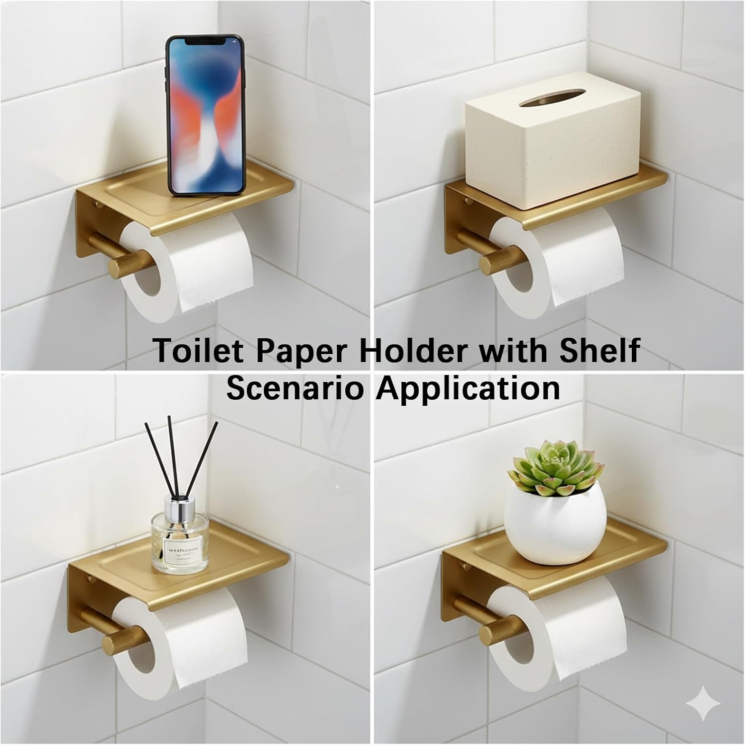 Toilet Paper Holder with Shelf, Wall Mount Toilet Tissue Roll Holder with Phone Shelf, Multifunctional Bathroom Storage Dispenser in Stainless Steel with Solid Brass Knurled Accents,(Brushed Gold)