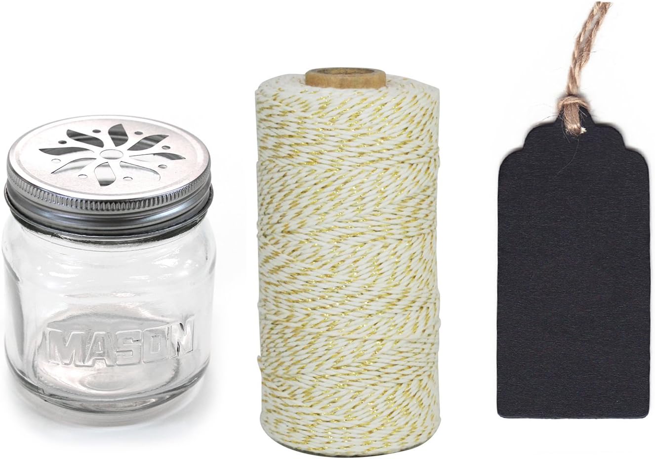 Dress My Cupcake 12-Pack Favor Kit, Includes Vintage Glass Mason Jar Sippers and Twine/Chalkboard Gift Tag, Gold Metallic