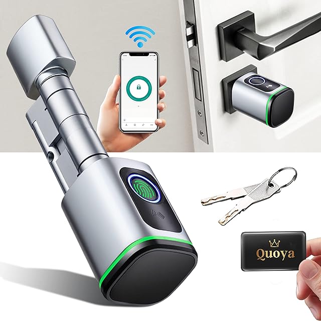QUOYA Smart Door Lock, Biometric Fingerprint Cylinder Lock, Adjustable Euro Lock (65mm, 75mm, 85mm), 4 Way Open: Fingerprint, Key, Card, App