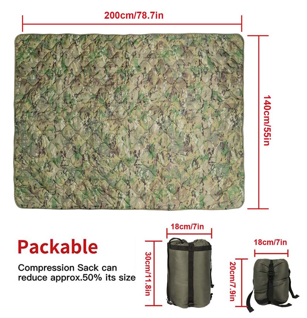 Coperta impermeabile Poncho Liner termica isolata da campeggio con borsa a compressione per attività all'aperto Trekking Campeggio Pesca Caccia Escursione Coperta da Picnic,CP camo
