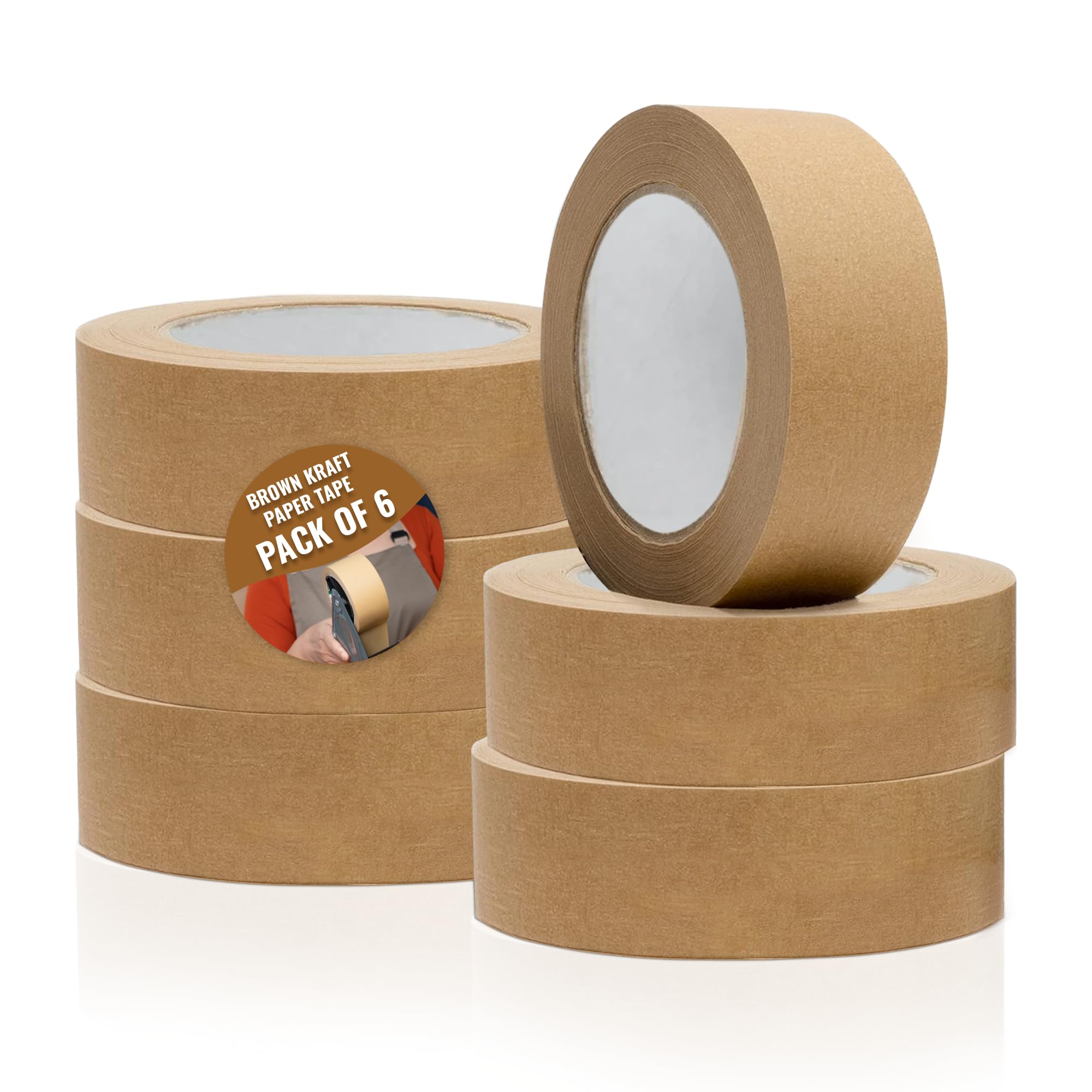 Simplz Kraft Paper Tape 38mm x 50m, 6 Rolls | Brown Self Adhesive Paper Packing Tape, Recyclable Parcel Tape for Boxes, Parcels, Wrapping & Packaging — image 1