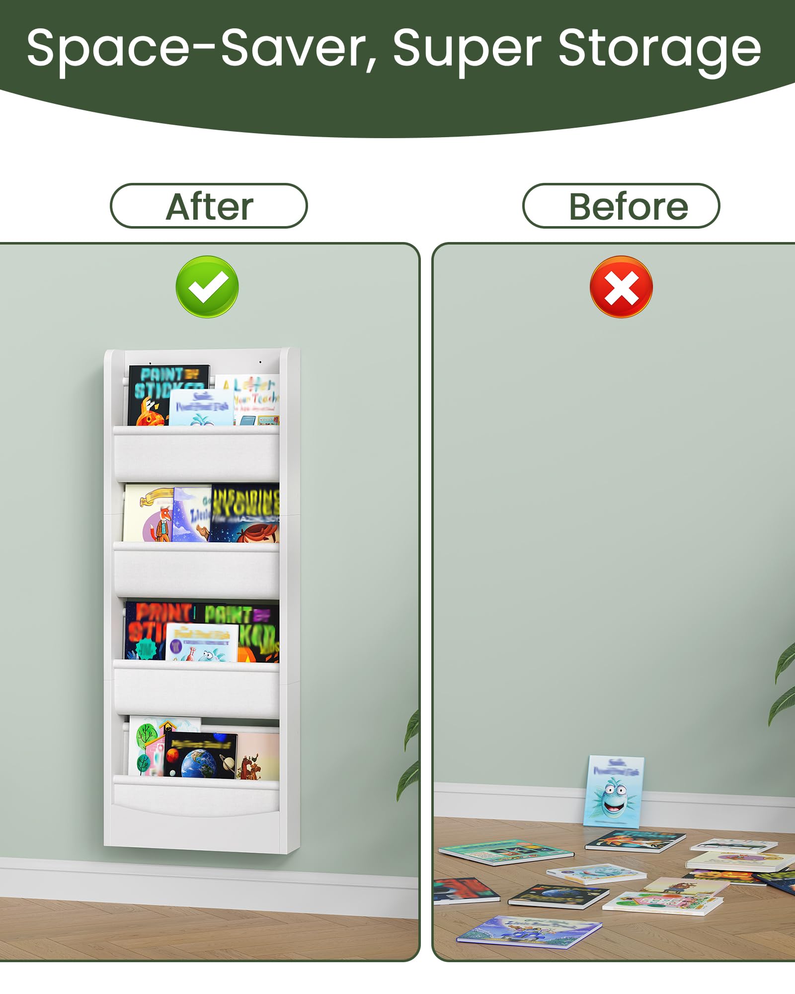 CHOEZON Librería Infantil de Pared, Estantería Libros de Tela de 4 Niveles, Biblioteca Compacta, para Habitación Infantil, Aula, detrás de Puertas, para Libros y Juguetes, Blanco DMCW40WB