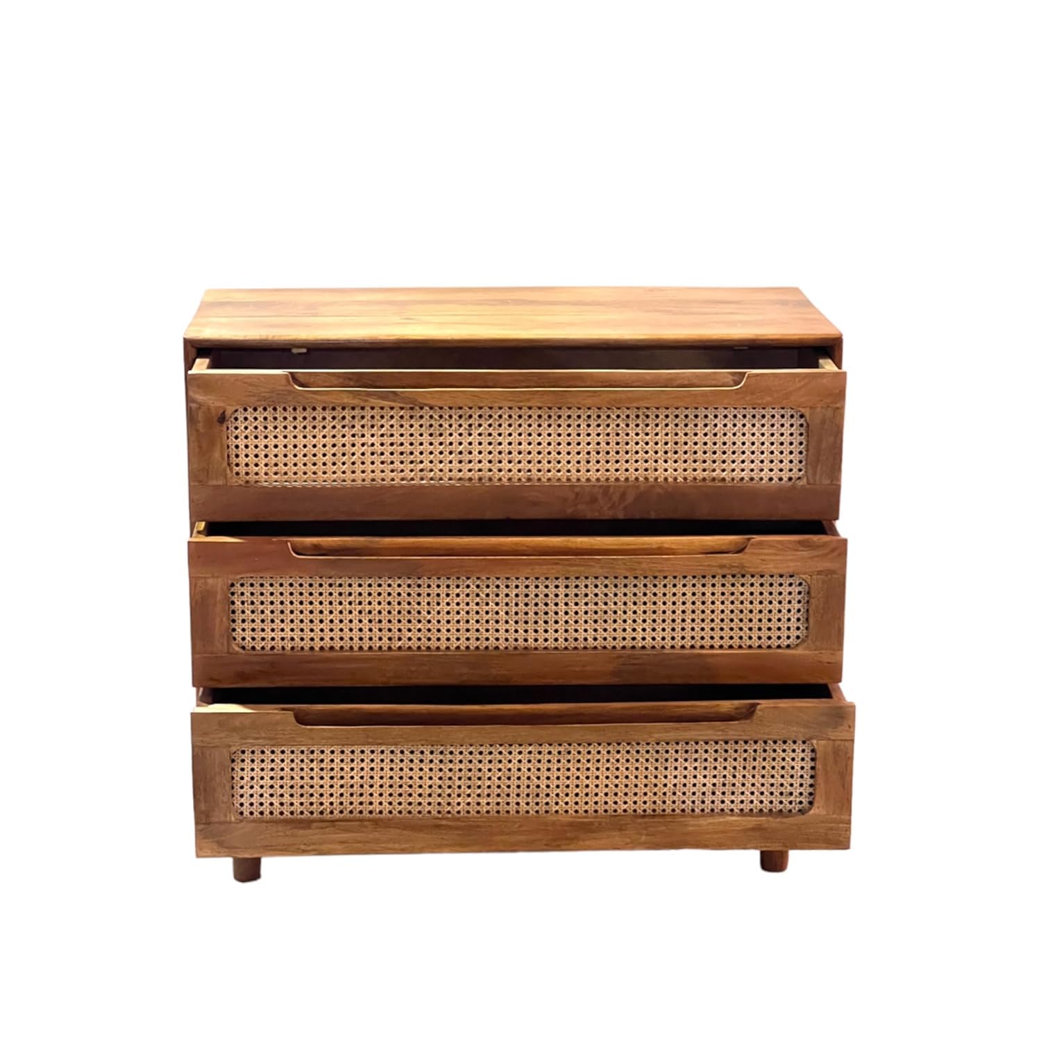 solid wood 3-drawer chest with rattan cane front, 90x80x40cm | mango wood build, boho style design, tapered wooden legs, bedroom storage, spacious drawers