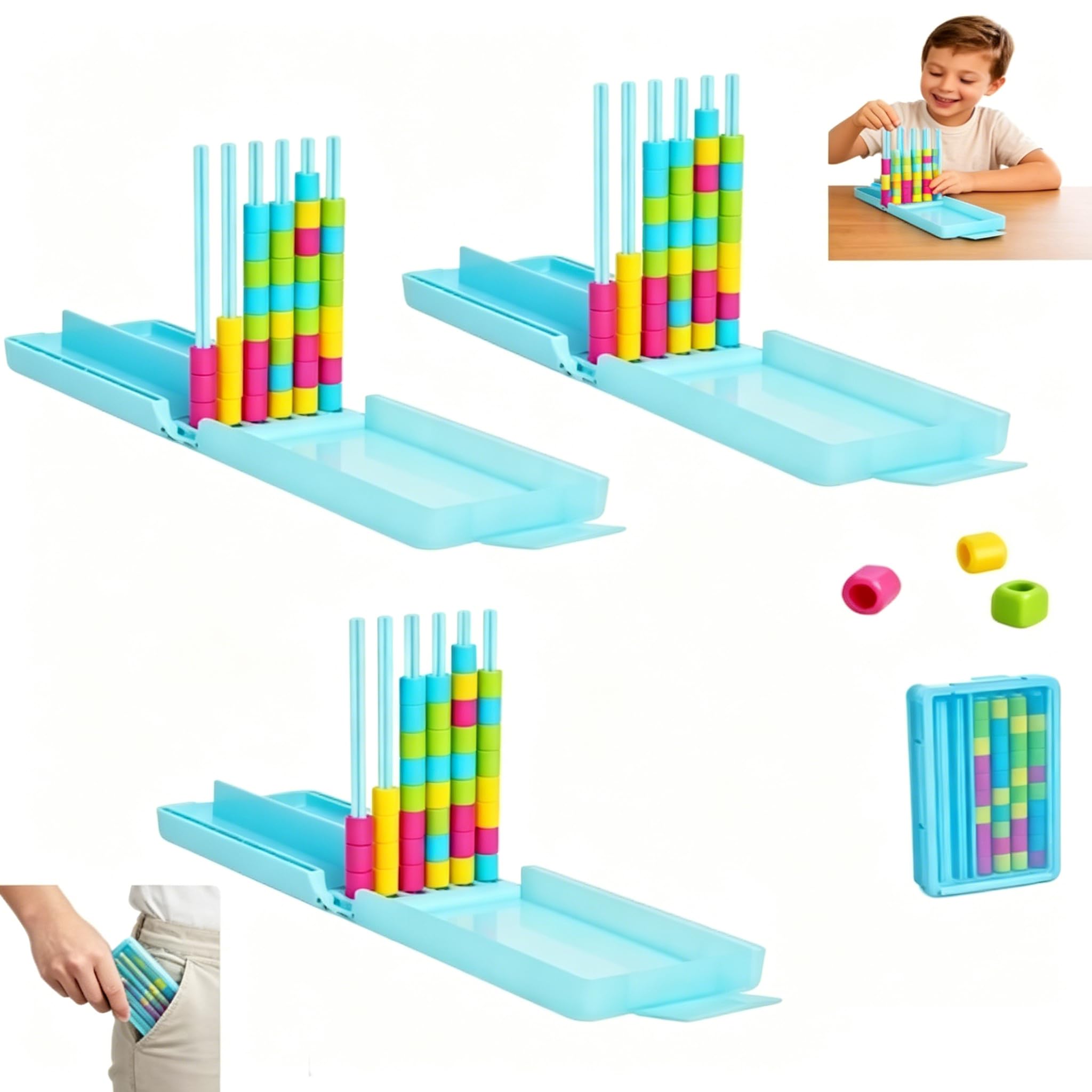 Mini Colour Stack Challenge, Portable Brain Teaser Travel Game with 40 Color Rings, Compact Stack and Sort Logic Puzzle for Pub Night, Fun Parties, Family Game Night, Board Game (3 pcs)