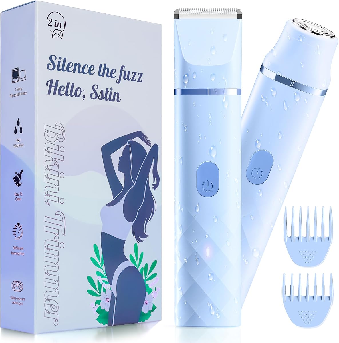 Bikini Trimmer for Women, IPX7 Rechargeable 2-in-1 Electric Razor, Blue | Painless Waterproof Electric Razor Remover,Facial & Pubic Hair Removal for Sensitive Skin,Portable Travel Size,Women’s Gift
