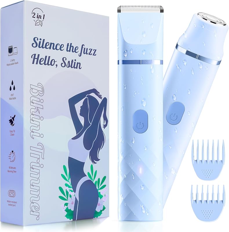 Bikini Trimmer for Women, IPX7 Rechargeable 2-in-1 Electric Razor, Blue | Painless Waterproof Electric Razor Remover,Facial & Pubic Hair Removal for Sensitive Skin,Portable Travel Size,Women’s Gift