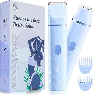 Bikini Trimmer for Women, IPX7 Waterproof, Painless Rechargeable Electric Razor Remover, 2-in-1 Facial & Pubic Hair Removal for Sensitive Skin, Portable Travel Size, Women’s Gift, Blue Blue