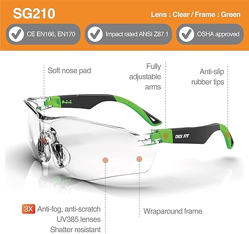 Miniatura 31 de DEX FIT Gafas de seguridad SG210, Z87, protección ocular, 3X antivaho y resistentes a los arañazos, ajustables para mujeres y hombres, protección UV
