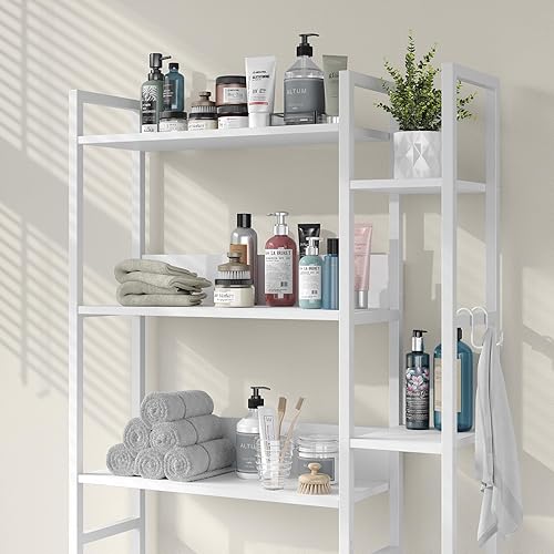 Miniatura 6 de Estante de almacenamiento sobre el inodoro con soporte de papel higiénico, organizador de baño con ganchos, estante de inodoro que ahorra espacio,