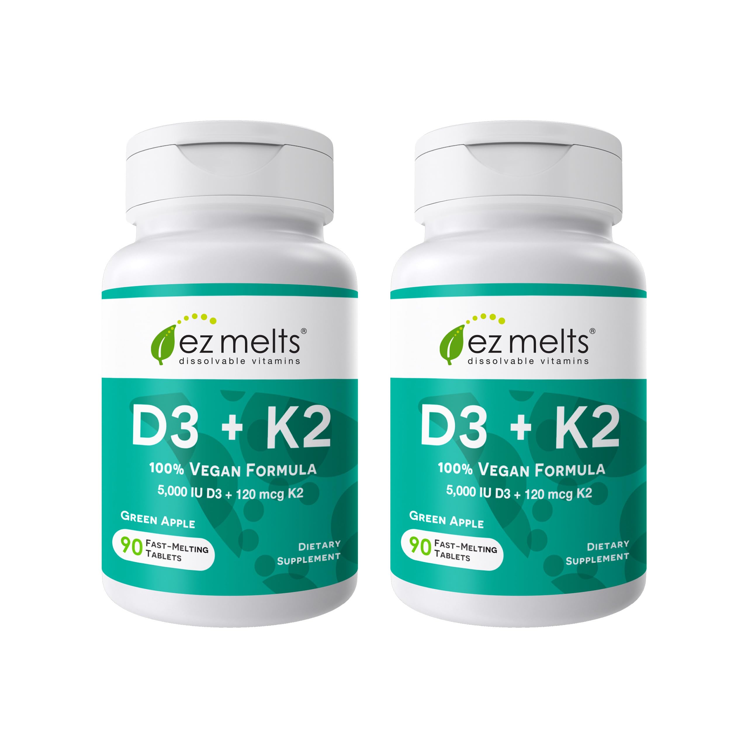 EZ Melts Dissolvable Vitamin D3 5,000 IU & K2 120 mcg,180 Tabs, Green Apple D3 + K2 90 Count (Pack of 2)