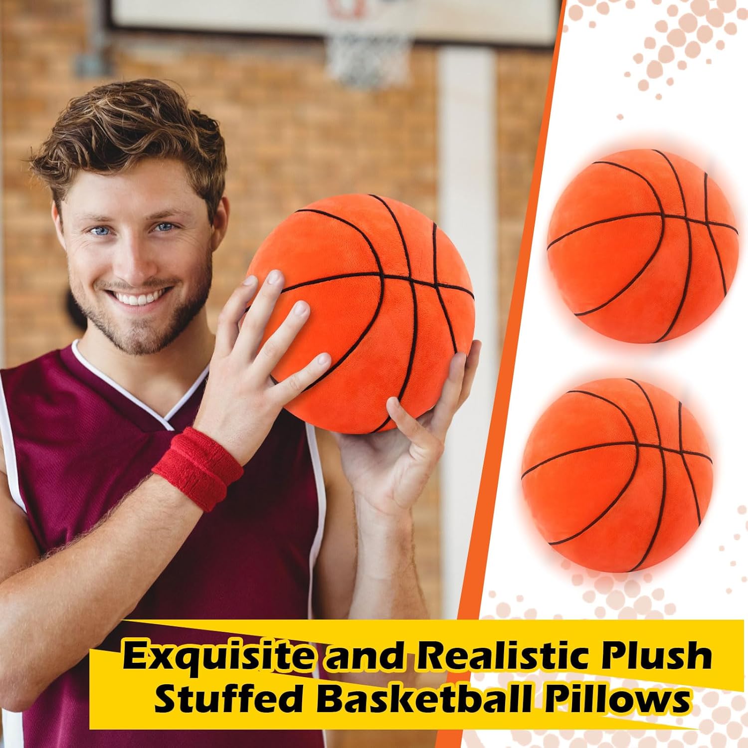Nuanchu 3 Pcs Basketball Plush Pillows and Basketball Rug for Boys Room Decor Fluffy Soft Stuffed Sports Throw Pillows Round Carpet Area Rug for Bedroom Decor