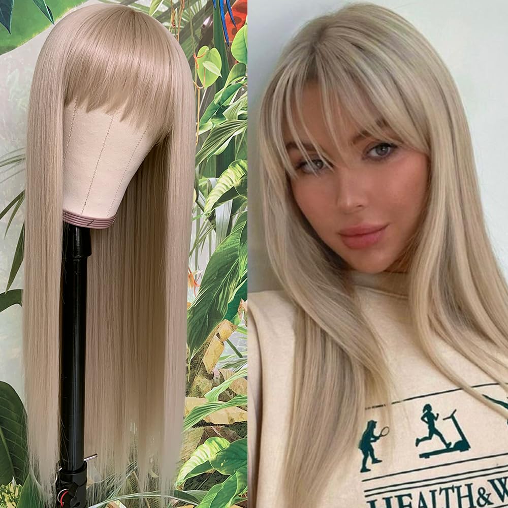 QD-Tizer Ash Blonde Synthetic Wigs with Bangs Long Straight Hair Wigs Glueless Synthetic None Lace Wigs Blonde Hair Heat-Resistant Fiber Wigs for Black Women