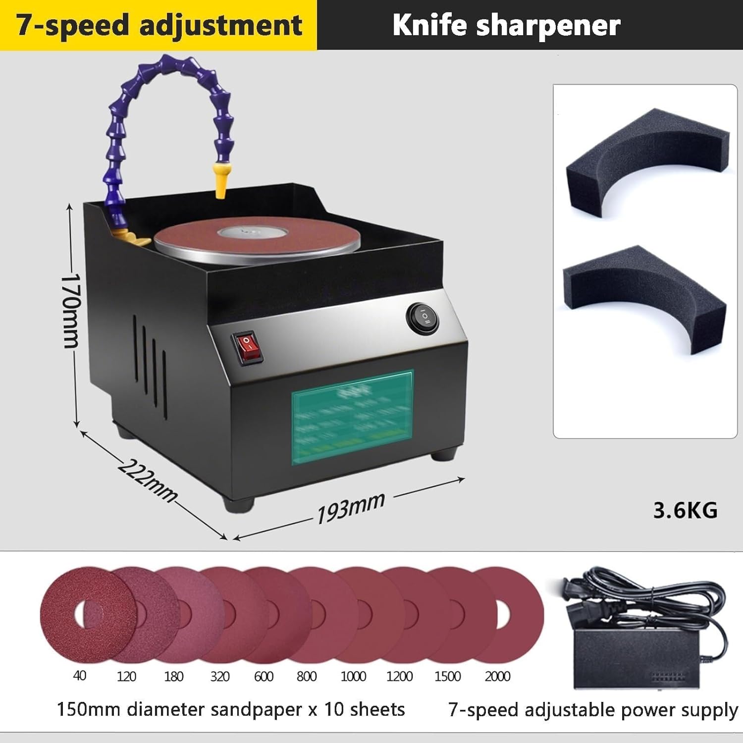 Wet Bench Grinder, Wet and Dry Knife Sharpener with 10 Sandpapers, 7 Adjustable Speeds, Bidirectional Rotation, 150 Mm Disc Grinder, for Home and Vegetable Market